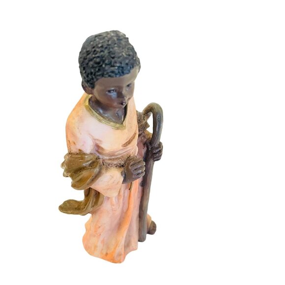 Handcrafted 5" Resin Figurine Of Shepherd Boy Holding Staff In Orange Robes 5" - Picture 3 of 11